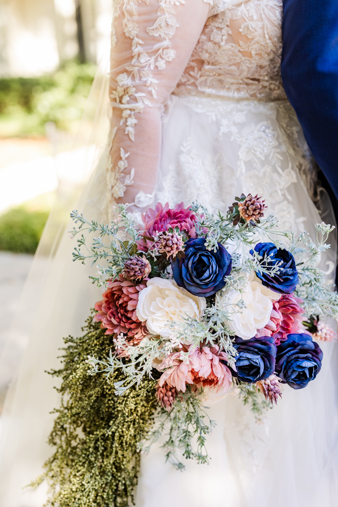 Pink, blue and white flower bouquet with long greenery