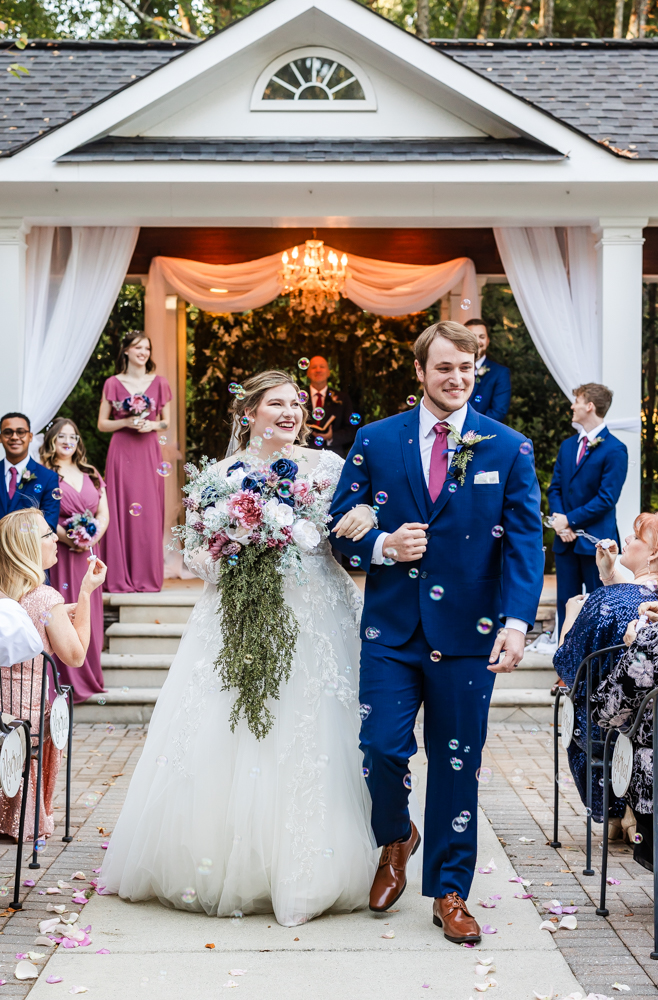 Bubble exit for the bride and groom after their Huntsville, Alabama wedding ceremony.