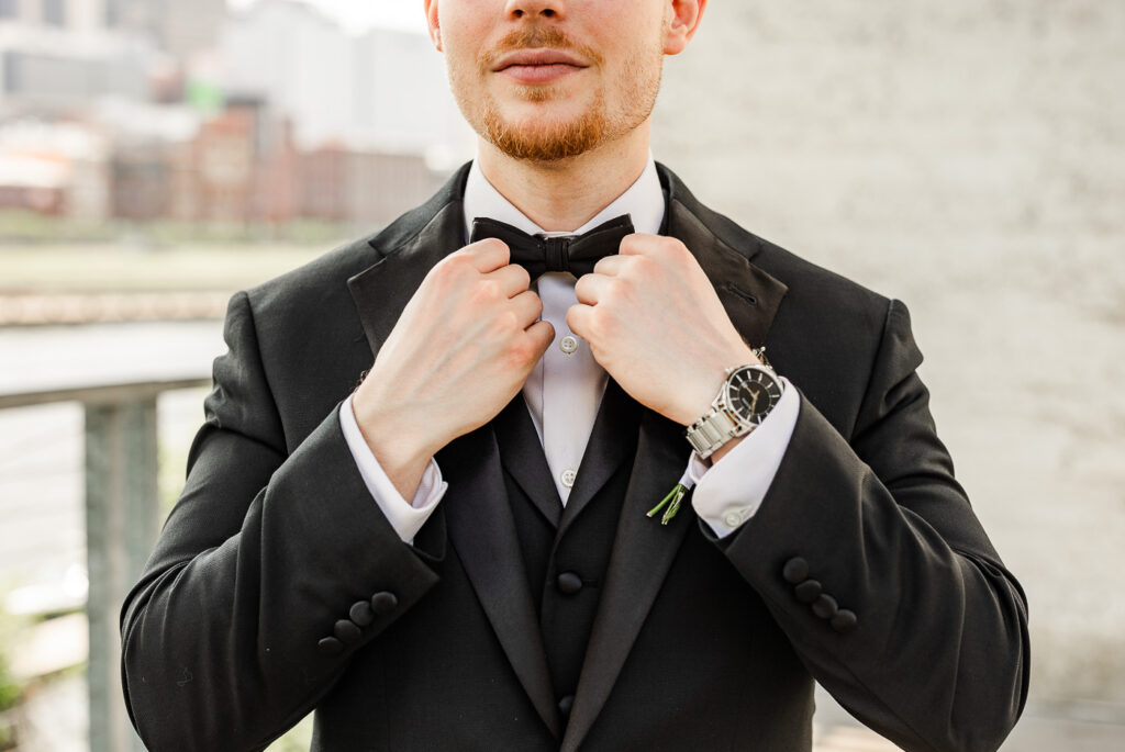 The Bridge Building closeup of the groom's bowtie
