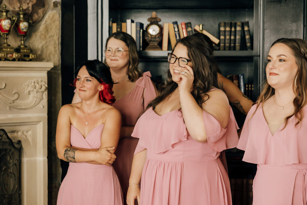 Bridesmaids’ first look reaction at Stone Haven wedding in Section, Alabama