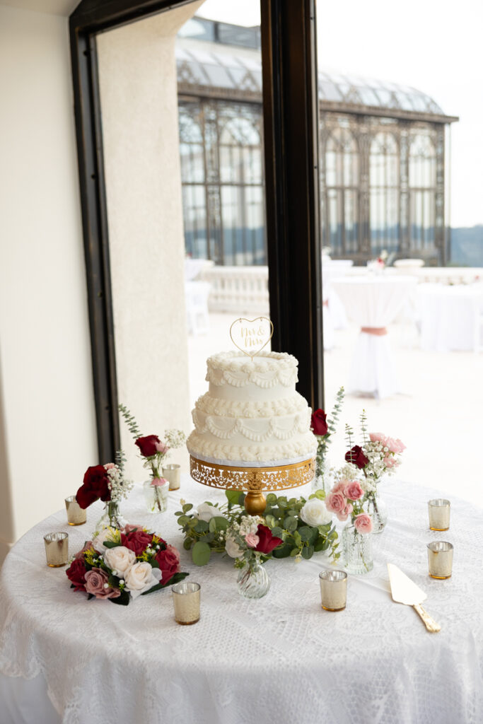 Cake table setup in the Grand Hall at Stone Haven in Section, AL