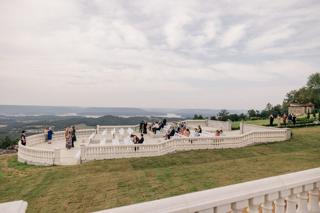Outdoor ceremony setup on Stone Haven’s patio overlooking the mountains in Section, Alabama.