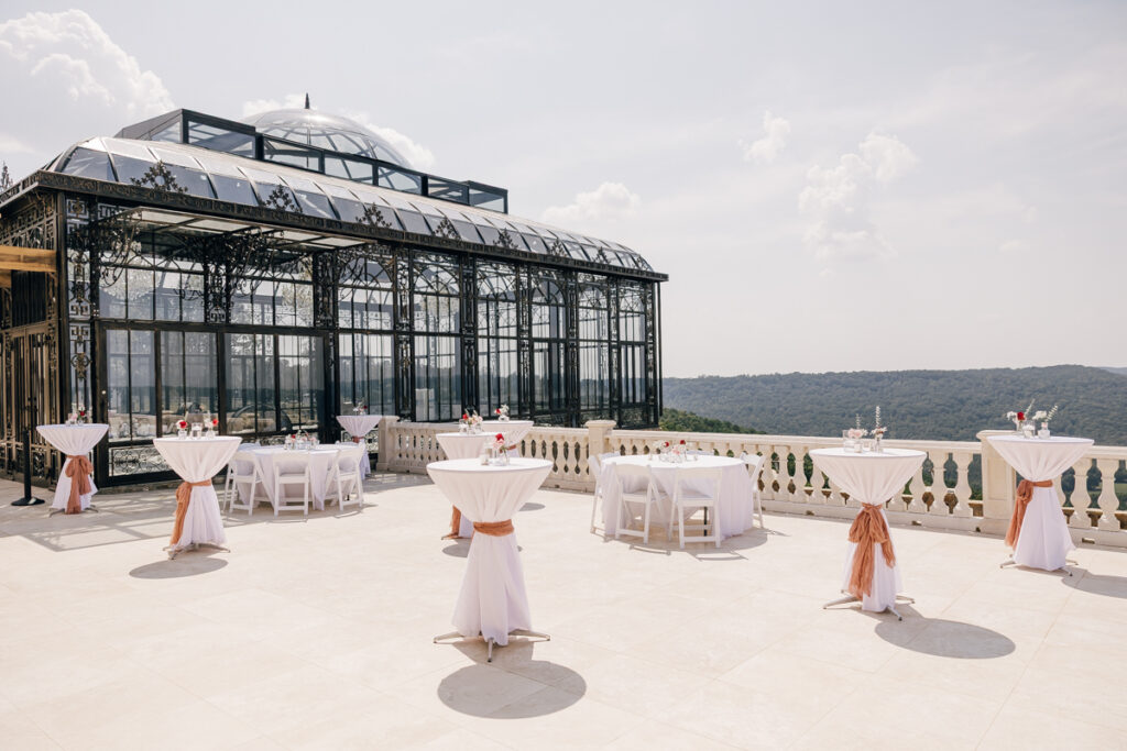 Outdoor cocktail hour setup at Stone Haven event venue in Section, AL