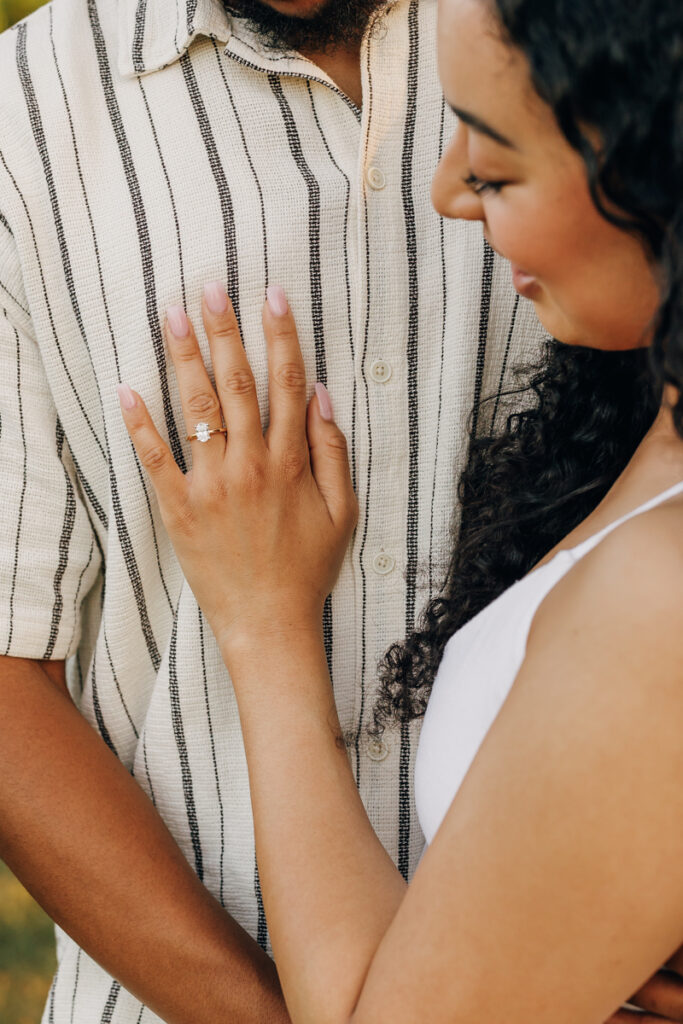Close-up of newly engaged bride’s ring
