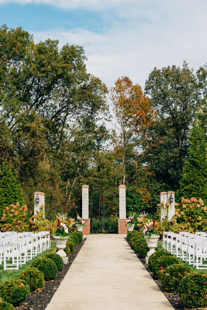 Ceremony setup for Tayvin Gardens wedding in Smiths Grove, Kentucky