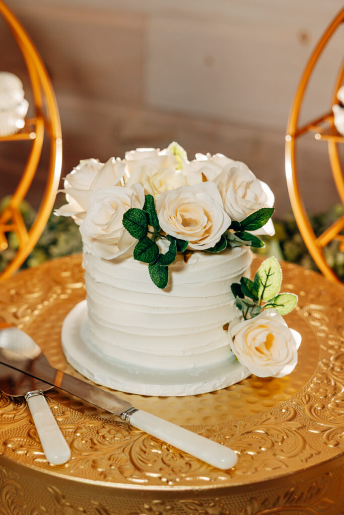 Wedding cake for reception at Tayvin Gardens.
