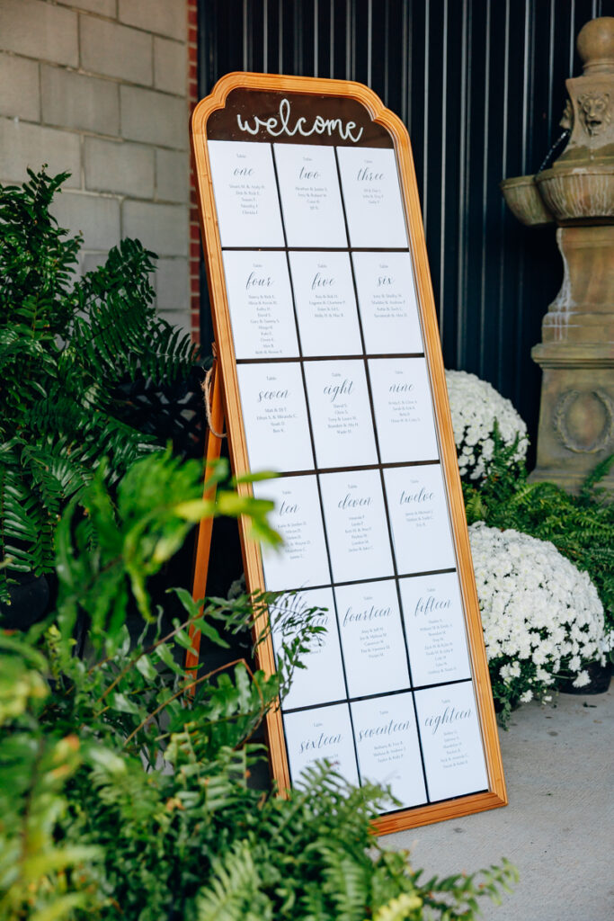 Seating chart outside of reception space at Tayvin Gardens.
