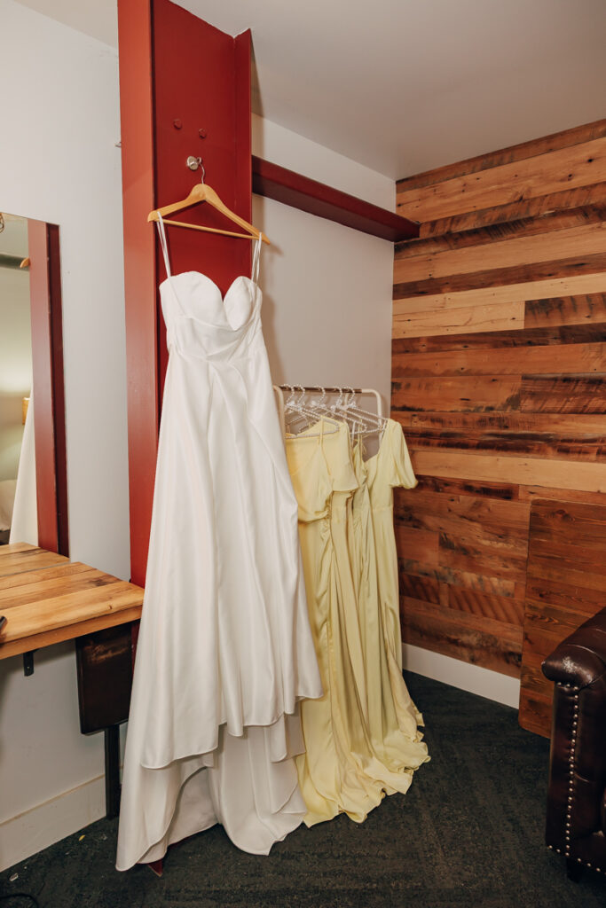 Dresses hanging in the bridal suite at The Reserve at Fat Bottom Brewery