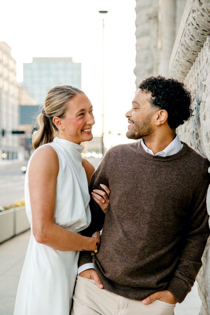 Couple gazing lovingly at one another during their Nashville engagement session
