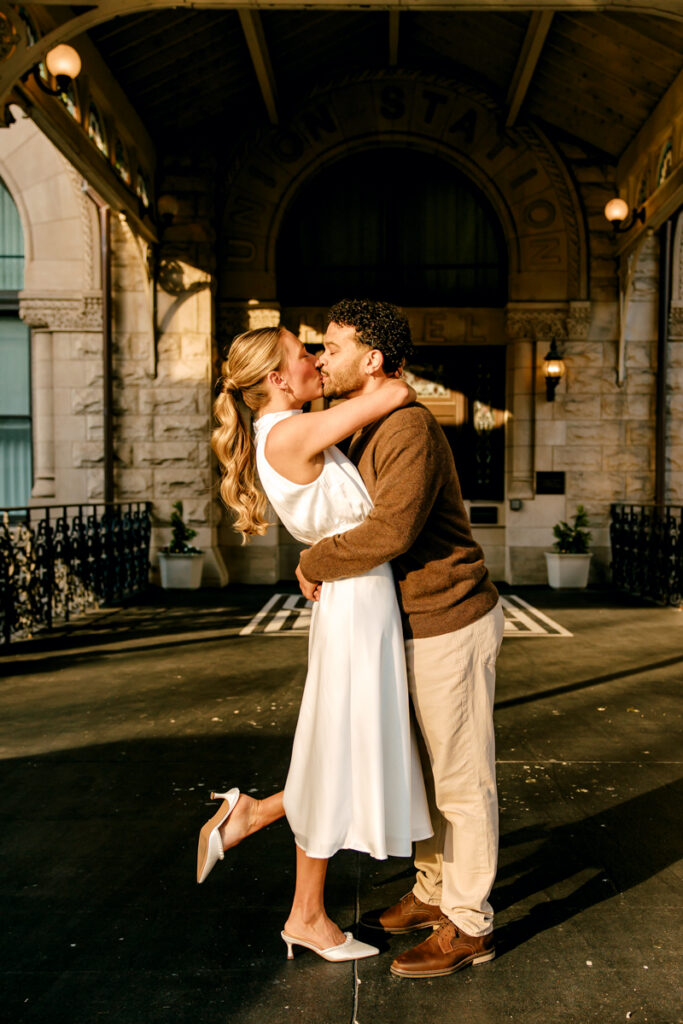 Couple kissing during their Union Station engagement session