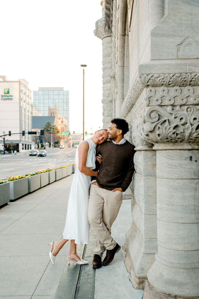 Couple on a downtown Nashville street during their engagement session
